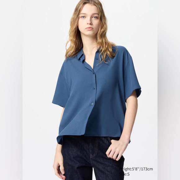Uniqlo Women’s Rayon Blouse Short Sleeve Button Down Shirt 66 Blue Size XL - Picture 5 of 8